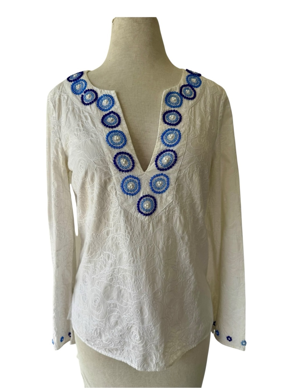 Lilly Pulitzer Jubilee Beaded Embroidered Tunic XS Beach White Blue Cotton